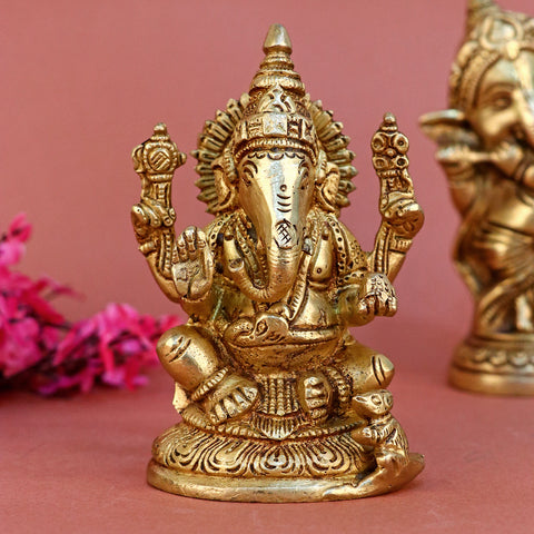 5.2-inch Brass Ganesh Statue radiating wisdom and positivity, finely handcrafted for home mandir, office dΓ©cor, festive pooja, and spiritual gifting. No.1 Brass Idol Store www.satvikstore.in