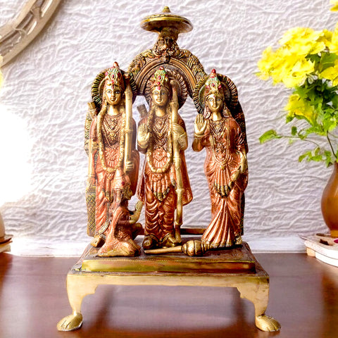 Large Brass Idol of 19.4 Inch Exquisite Brass Ram Darbar Idol. This Majestic Brass Ram Darbar Idol beautifully captures the essence of divinity and royalty. Crafted with intricate detailing, it showcases Lord Ram in a regal pose, symbolizing strength, devotion, and grace.  India's Largest Puja Accessories Brand - Satvik