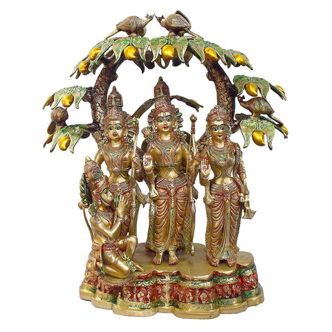 Handcrafted Brass Ram Darbar Idol with Mango Tree  | Featuring Lord Ram, Sita, Lakshman & Hanuman in Glossy Multicolor Finish | 75 cm Tall & 51.8 kg | Ideal for Home Temple Decor & Festive Gifting | Premium South Indian Style Brass Sculpture | India's Largest Puja Accessories Brand - Satvik No. 1 Brass Idol Collection