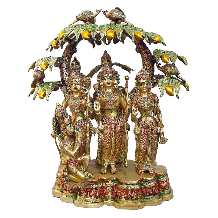 Handcrafted Brass Ram Darbar Idol with Mango Tree  | Featuring Lord Ram, Sita, Lakshman & Hanuman in Glossy Multicolor Finish | 75 cm Tall & 51.8 kg | Ideal for Home Temple Decor & Festive Gifting | Premium South Indian Style Brass Sculpture | India's Largest Puja Accessories Brand - Satvik No. 1 Brass Idol Collection