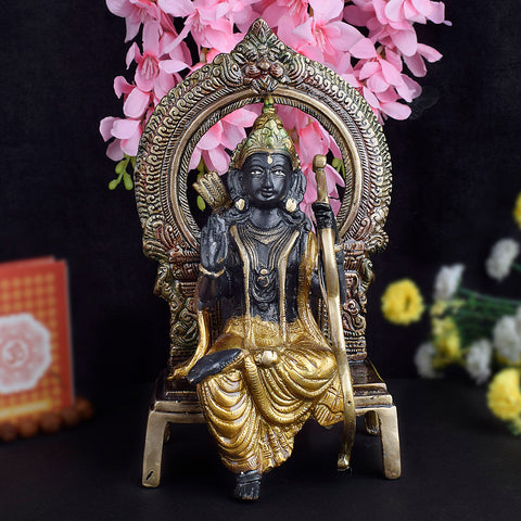 8.4 Inch Brass Ram with Bow Idol in Sitting Pose, intricately crafted to depict Lord Ram in a serene and powerful posture, symbolizing strength, courage, and divine grace. No.1 Brass Idol Store www.satvikstore.in