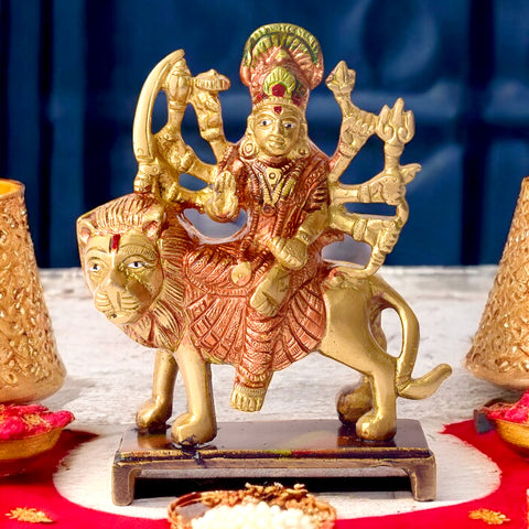 5.5 Inch Charming Brass Sherawali Mata Idol finely detailed with traditional craftsmanship, ideal for Navratri worship, home temple, and spiritual dΓ©cor. No.1 Brass Idol Store www.satvikstore.in