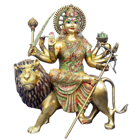 34 Inch Large Brass Sherawali Mata Statue Seated on Lion β Divine Symbol of Strength, Protection, and Devotion for Temple or Home Mandir.India's Largest Puja Accessories Brand - Satvik No. 1 Brass Idol Collection