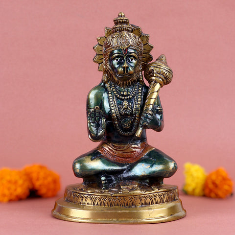 7 Inch Brass Sitting Posture Hanuman Statue β Handcrafted Idol of Lord Hanuman in a Meditative Pose, Symbolizing Strength, Devotion, and Protection for Home Temple and Spiritual Decor. No.1 Brass Idol Store www.satvikstore.in