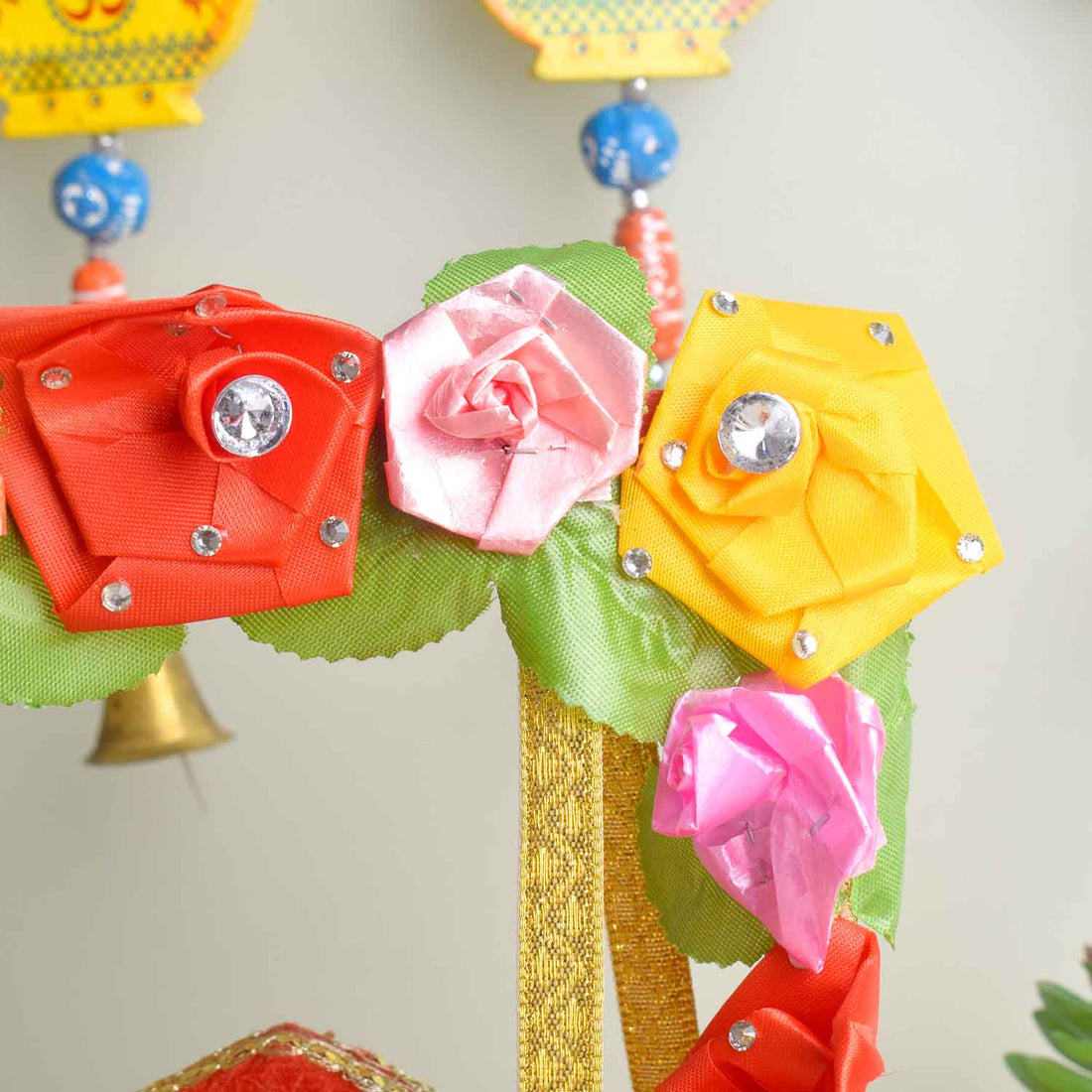 Royal Wooden Velvet Jhula – Floral Gota Swing for Laddu Gopal