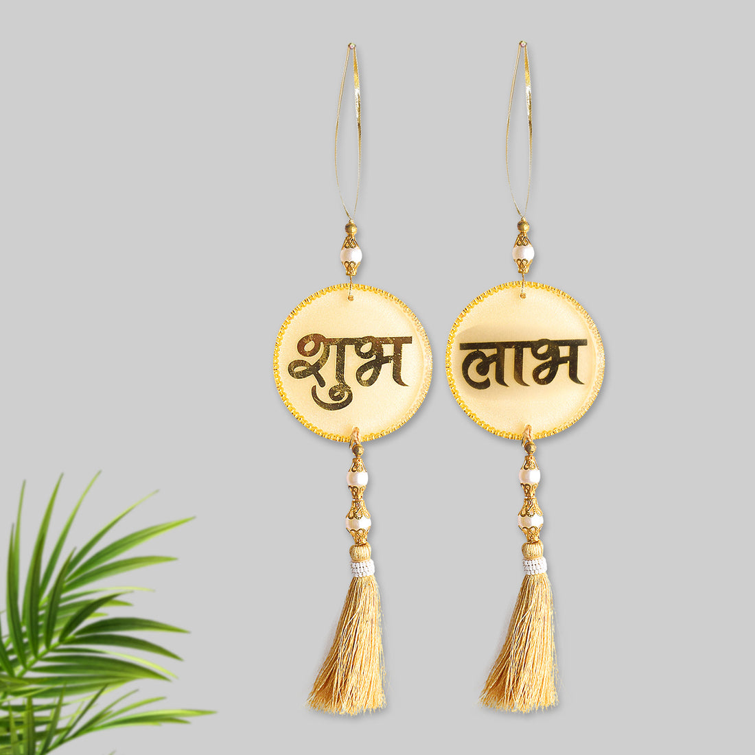 Resin Shubh Labh With Tassels Latkans 1 Pair For Wall Decoration