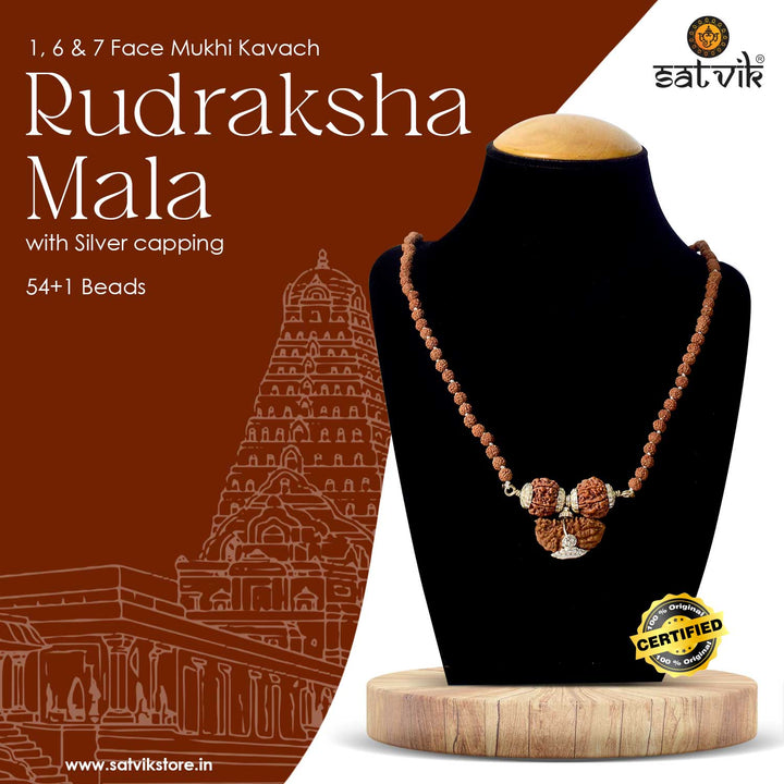 Certified 1, 6 & 7 Mukhi Rudraksha Kavach with silver capping – natural brown beads spiritual string from Nepal. India’s Premium Rudraksha Jap Mala Store- www.satvikstore .in