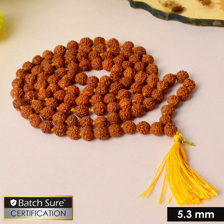 Certified Rudraksha mala made from brown Elaeocarpus ganitrus beads, ideal for spiritual practices and meditation. India’s Premium Rudraksha Jap Mala Store- www.satvikstore.in