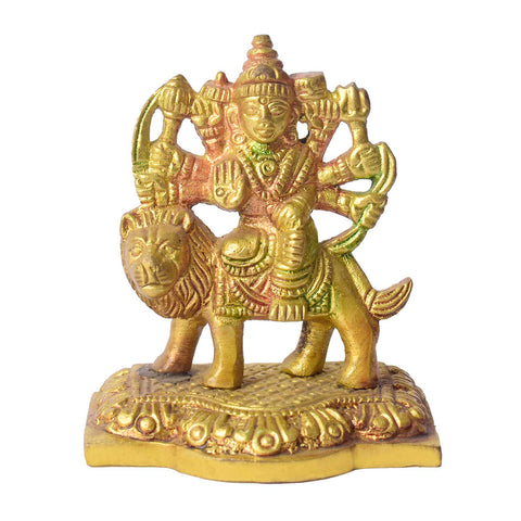 2.8-Inch Colored Brass Sherawali Mata Idol β Vibrant Durga Statue for Home Temple, Car Dashboard, and Spiritual Decor. No.1 Brass Idol Store www.satvikstore.in