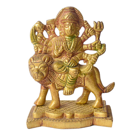 3.1 Inch Colored Brass Sherawali Mata Idol with Base β Vibrant Durga Statue for Car Dashboard and Puja Room Decor. No.1 Brass Idol Store www.satvikstore.in
