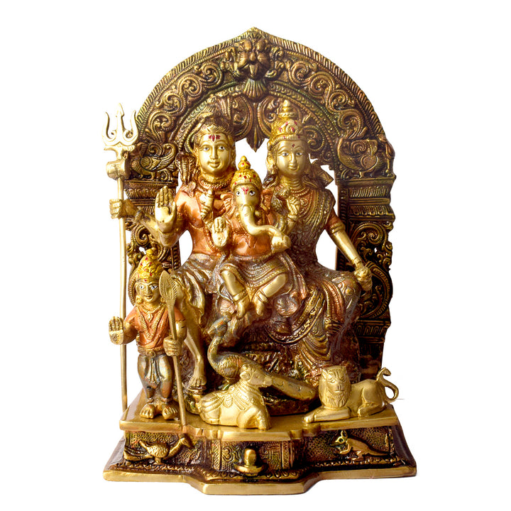 This beautifully crafted Brass Sampurna Shiv Parivaar Idol showcases the divine family of Lord Shiva, featuring Lord Shiva, Goddess Parvati, Lord Ganesha, and Lord Kartikeya. Expertly designed in fine brass, this idol symbolizes unity, love, and divine blessings, making it an ideal addition to any home or temple space.