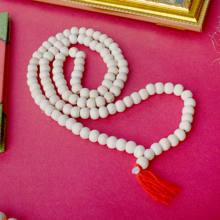 Handcrafted Wooden White Jap Mala made with finely polished white wooden beads, ideal for mantra chanting, meditation, and spiritual use. India’s Premium Jap Mala Store- www.satvikstore.in