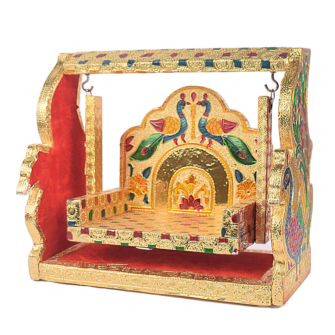 Golden Meenakari Peacock Singhasan Jhula for Laddu Gopal