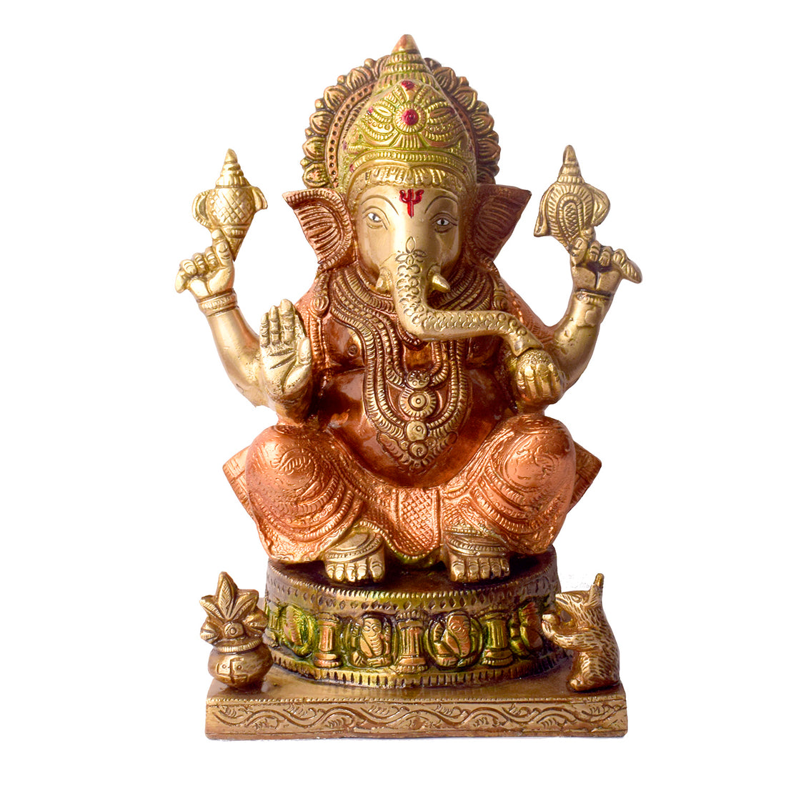 Large Brass Idol of Colored Brass Ganesh Statue. Enhance your home with the vibrant charm of this Colored Brass Ganesh Statue, a perfect fusion of tradition and artistry. Crafted from high-quality brass and adorned with vivid hand-painted colors, this exquisite idol beautifully represents Lord Ganesha, the remover of obstacles and symbol of prosperity.