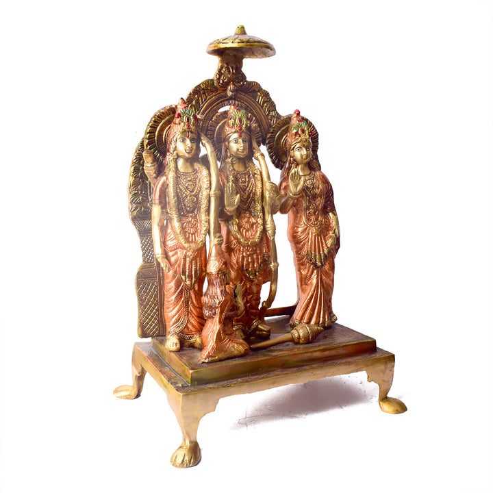 Large Brass Idol of 19.4 Inch Exquisite Brass Ram Darbar Idol. This Majestic Brass Ram Darbar Idol beautifully captures the essence of divinity and royalty. Crafted with intricate detailing, it showcases Lord Ram in a regal pose, symbolizing strength, devotion, and grace.