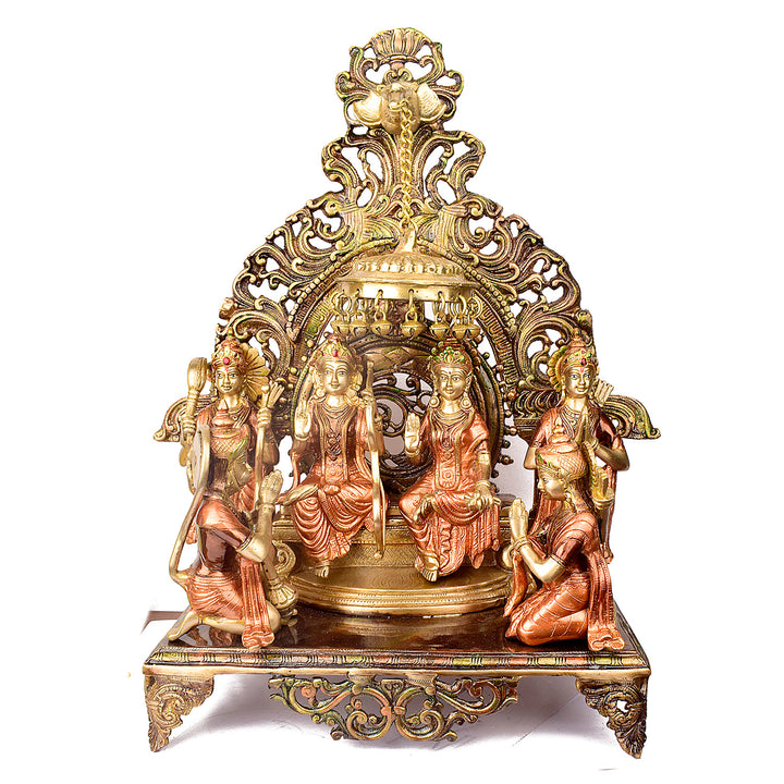 Large Brass Idol of 23 Inch Elegant Brass Ram Darbar Idol. This Elegant Brass Ram Darbar Idol beautifully captures the essence of divinity and royalty. Crafted with intricate detailing, it showcases Lord Ram in a regal pose, symbolizing strength, devotion, and grace.