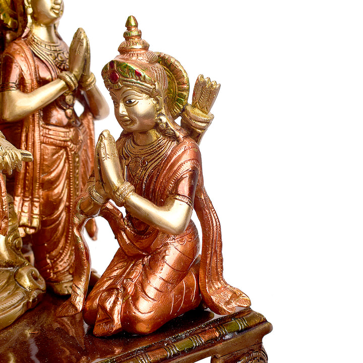 Large Brass Idol of 23 Inch Elegant Brass Ram Darbar Idol. This Elegant Brass Ram Darbar Idol beautifully captures the essence of divinity and royalty. Crafted with intricate detailing, it showcases Lord Ram in a regal pose, symbolizing strength, devotion, and grace.