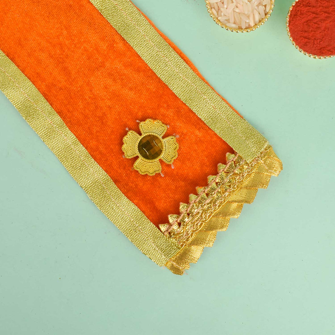 Handcrafted Orange Velvet Ganpati Idol Patka - 15 Inch