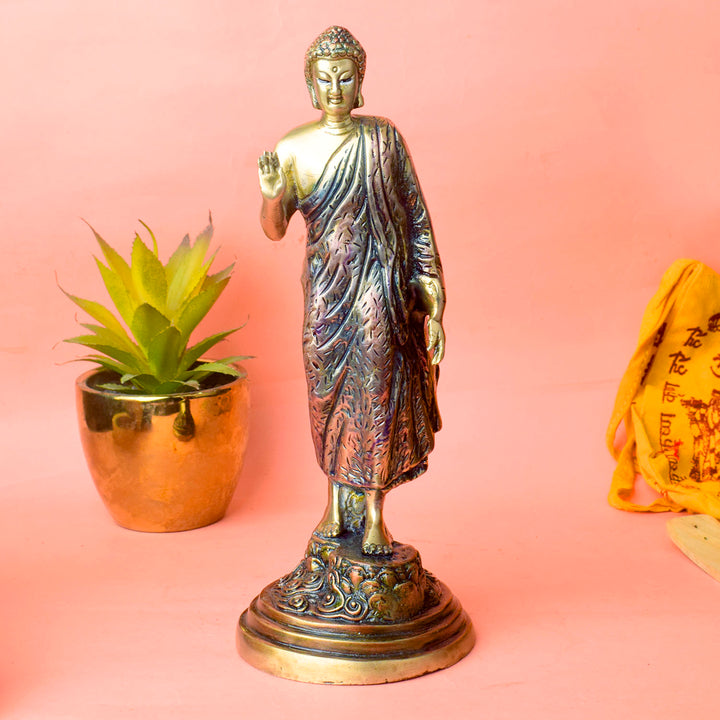 This 10-inch Buddha statue in a standing pose radiates grace and spiritual power. Carefully crafted with fine details, it embodies strength, peace, and enlightenment. The standing pose represents the Buddha’s readiness to guide those on their spiritual journey.