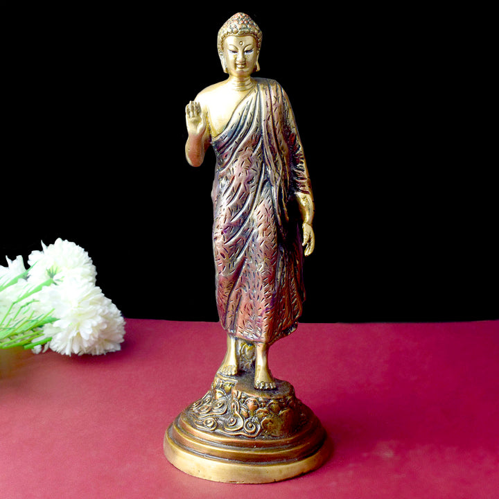This 10-inch Buddha statue in a standing pose radiates grace and spiritual power. Carefully crafted with fine details, it embodies strength, peace, and enlightenment. The standing pose represents the Buddha’s readiness to guide those on their spiritual journey.