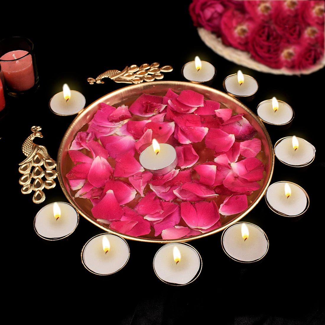 Decorative Brass Peacock Flower Urli with Tea Light (Pack of 3)