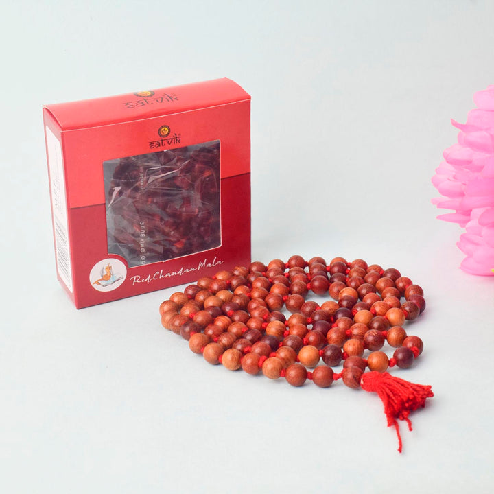 Regular Red Sandalwood (Chandan Lal) Jap Mala with natural aromatic beads, perfect for daily prayer, chanting, and meditation practices. India’s Premium Jap Mala Store- www.satvikstore.in