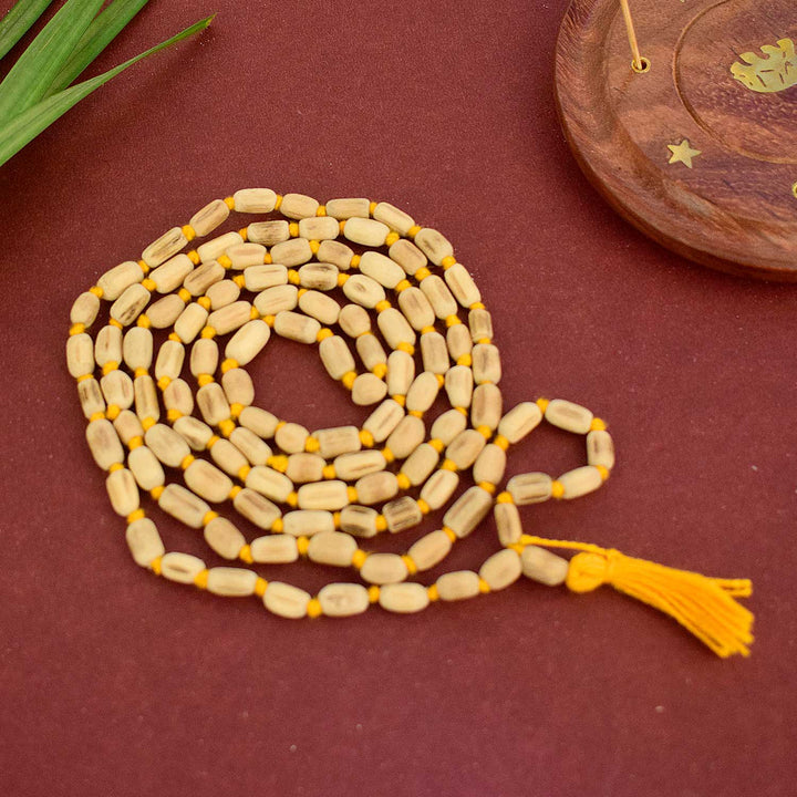 100% Original Tulsi Jaap Mala with elongated natural Tulsi beads, perfect for spiritual chanting, meditation, and devotional rituals. India’s Premium Jap Mala Store- www.satvikstore.in
