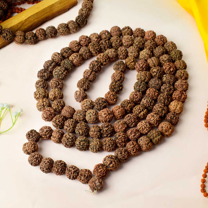 Certified 5 Mukhi Rudraksha Kantha Mala with brown natural beads, hand-strung for spiritual protection and meditation benefits. India’s Premium Rudraksha Jap Mala Store- www.satvikstore .in