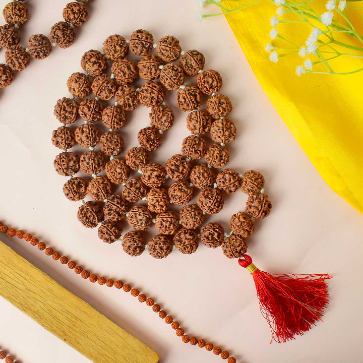 Certified 5 Mukhi Rudraksha Mala with dark brown beads for meditation, stress relief, and spiritual growth. India’s Premium Rudraksha Jap Mala Store- www.satvikstore.in