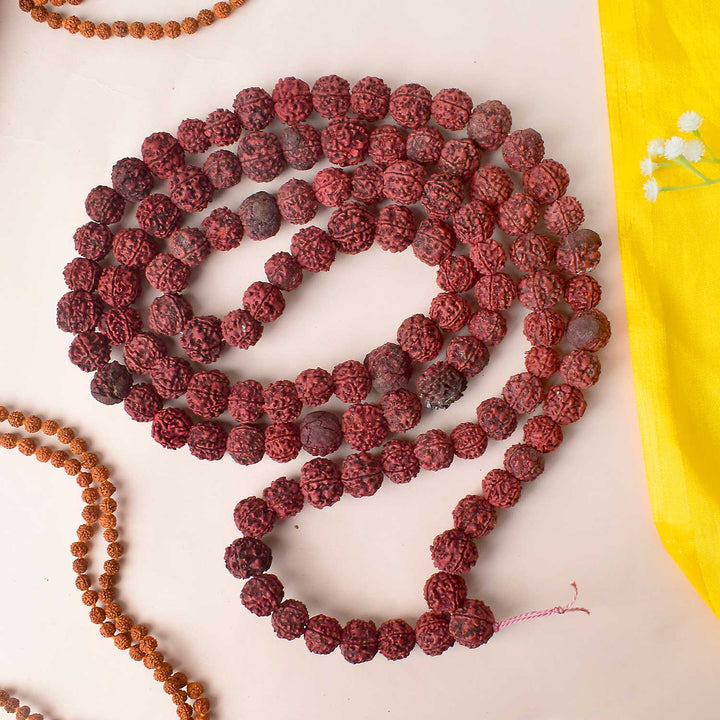 Morangi Aghori Rudraksha Mala made with rare red beads used for deep sadhana and spiritual rituals. India’s Premium Rudraksha Jap Mala Store- www.satvikstore.in