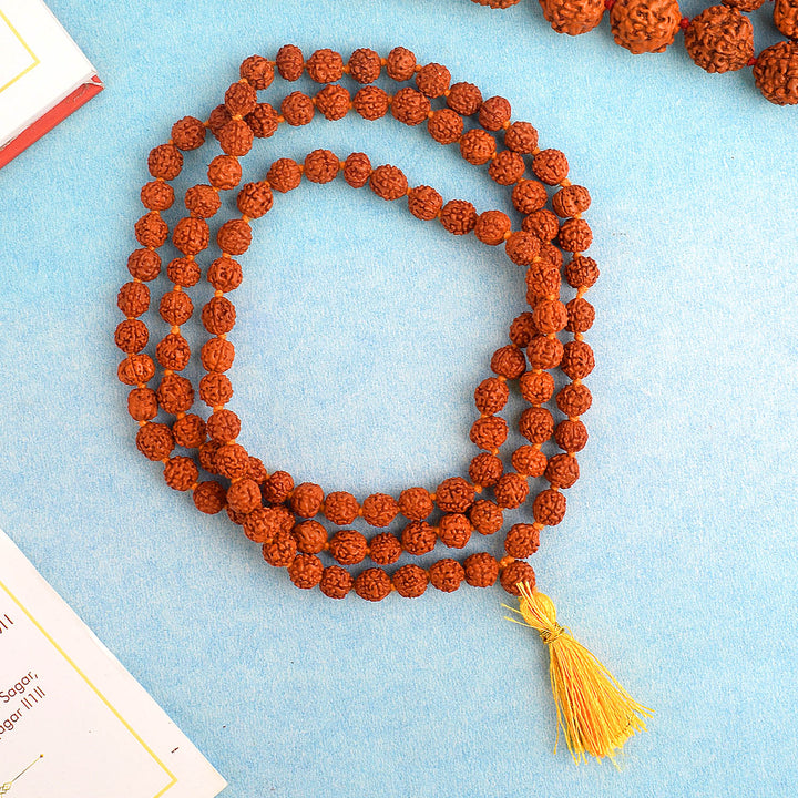 Panchmukhi Rudraksha Jaap Mala with 108 natural 8mm beads, ideal for mantra chanting, meditation, and spiritual healing. Sacred Hindu prayer mala dedicated to Lord Shiva." India’s Premium Jap Mala Store- www.satvikstore.in