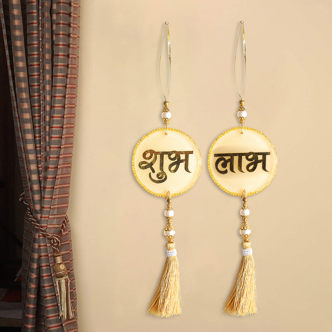 Resin Shubh Labh With Tassels Latkans 1 Pair For Wall Decoration