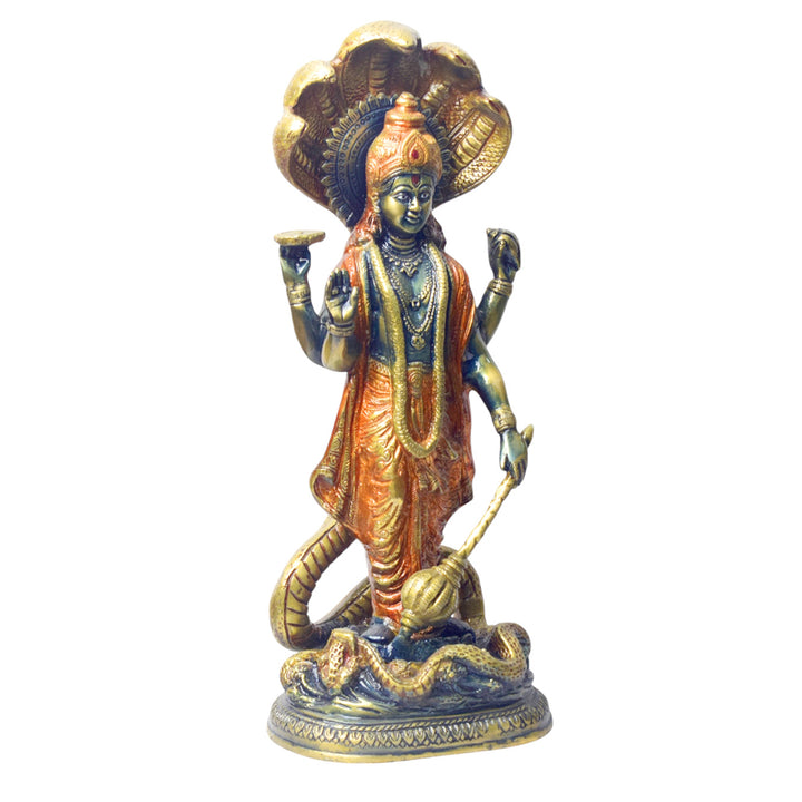 Large Brass Idol of 17 Inch Brass Vishnu Standing with Sheshanag. Bring divine protection and blessings into your home with this stunning 17-inch Brass Vishnu Standing with Sheshanag Idol. This intricately crafted statue features Lord Vishnu, the preserver of the universe, standing gracefully atop the Sheshanag (cosmic serpent). on www.satvikstore.in
