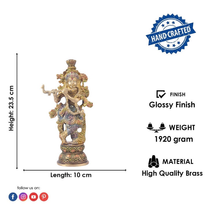 The 9.3 Inch Krishna Idol A Spiritual Icon of Joy and Devotion beautifully captures the essence of Lord Krishna’s divine playfulness and unwavering devotion. Crafted with intricate detail, this idol showcases Krishna in a serene and joyful pose, with his flute in hand, symbolizing the melody of love and spiritual bliss.
