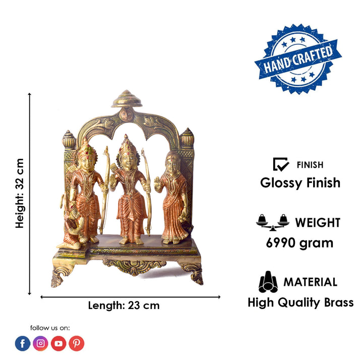 Large Brass Idol of 12.5 Inch Majestic Brass Ram Darbar Idol with Royal Touch of Divine Elegance. This Majestic Brass Ram Darbar Idol beautifully captures the essence of divinity and royalty. Crafted with intricate detailing, it showcases Lord Ram in a regal pose, symbolizing strength, devotion, and grace.