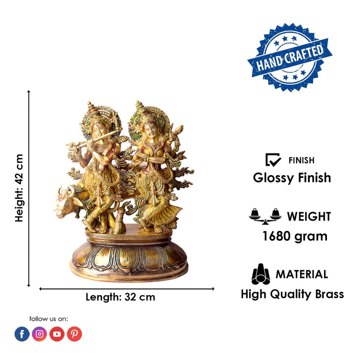 This Lovely Radha Krishna with Cow Colorful Brass Idol beautifully portrays the divine love and grace of Radha and Krishna, accompanied by the sacred cow. Handcrafted from high-quality brass and adorned with vibrant colors, this idol exudes spiritual charm and elegance.