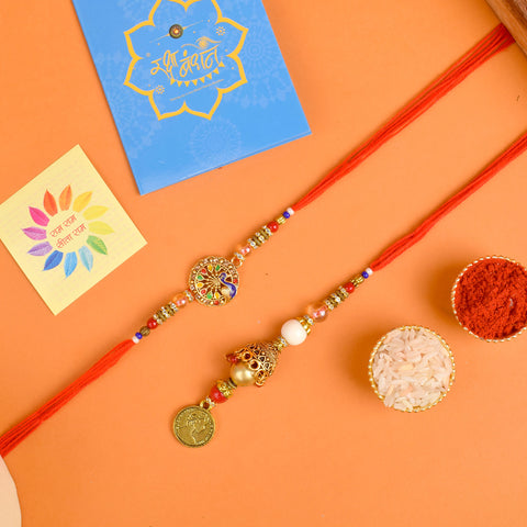 Designer Couple Rakhi Set for Bhaiya and Bhabhi with Roli Chawal and Ram Sita Stickers β Raksha Bandhan Gift Combo. Indiaβs Largest Brass Idols Brand - www.satvikstore.in