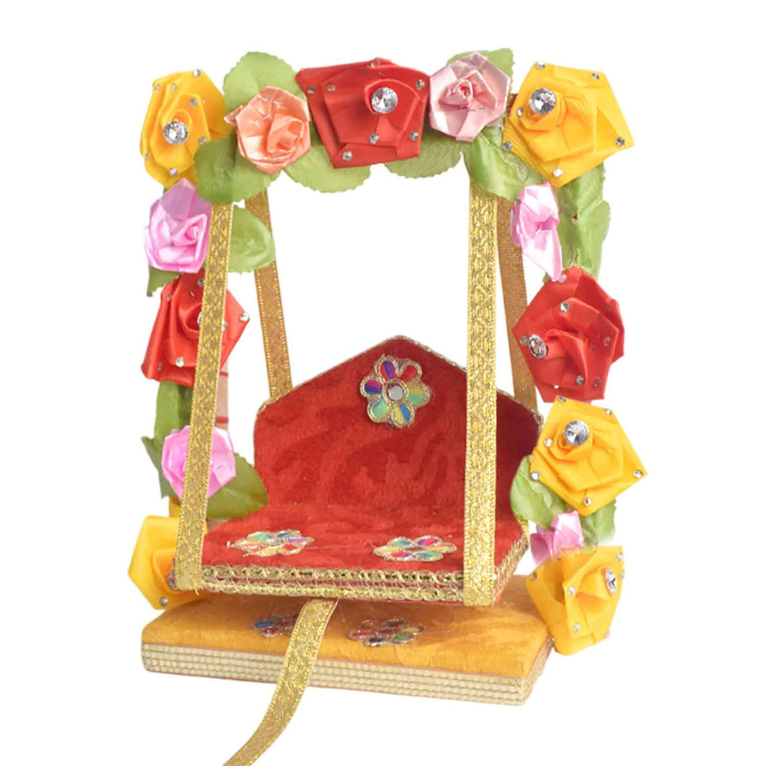 Royal Wooden Velvet Jhula – Floral Gota Swing for Laddu Gopal