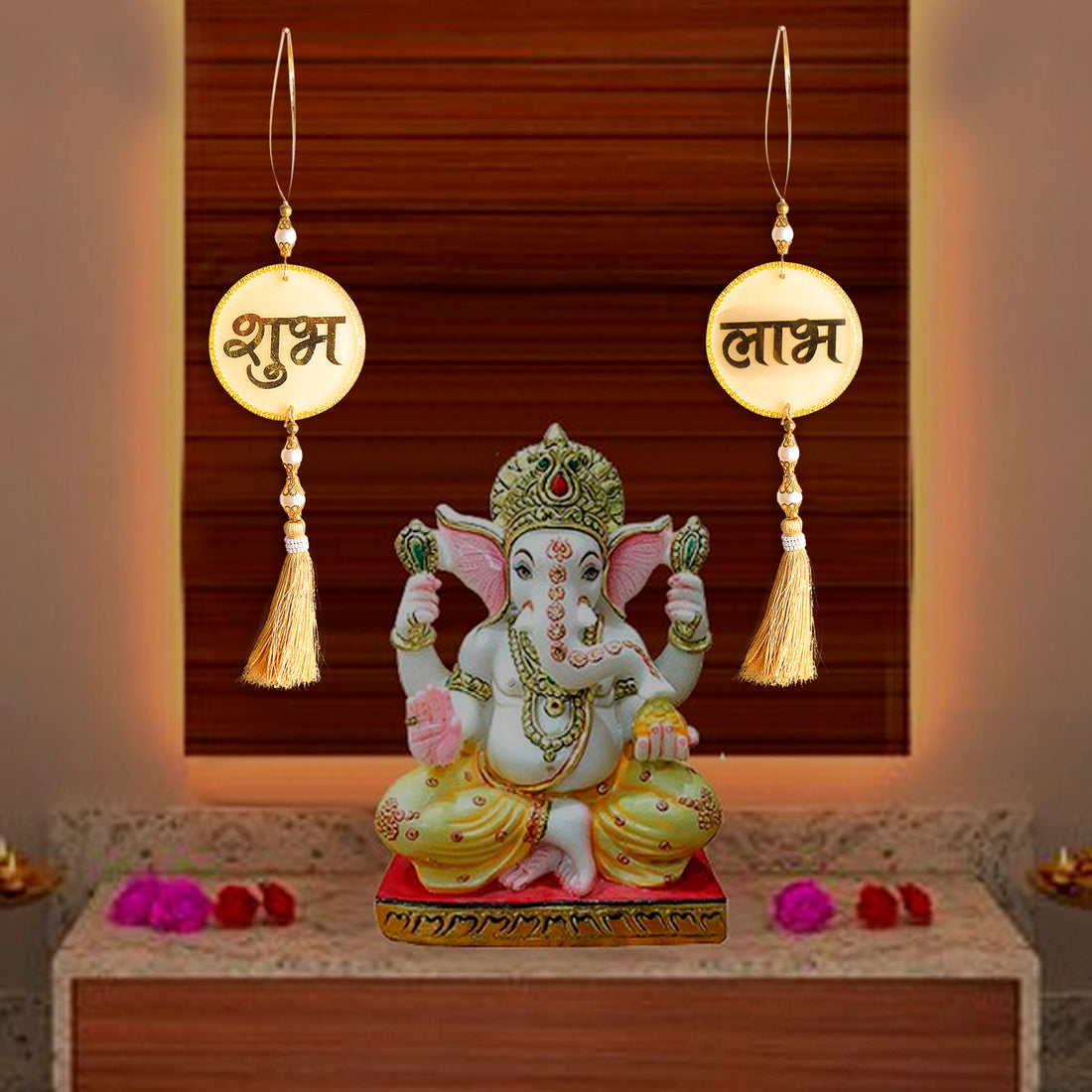 Resin Shubh Labh With Tassels Latkans 1 Pair For Wall Decoration