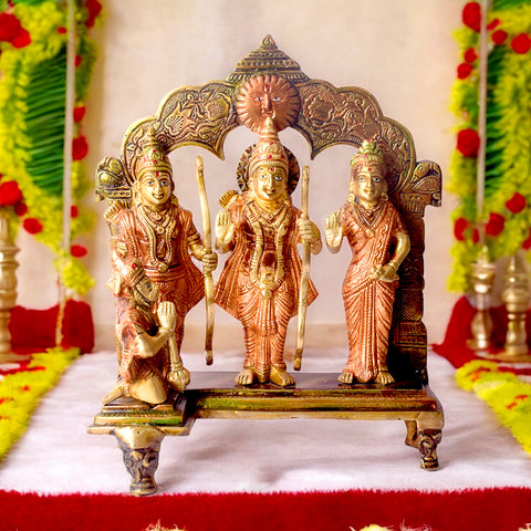 Brass Idol of 10.2 Inch Elegant Brass Ram Darbar Murti. Bring divine grace and positivity into your home with this beautifully crafted Brass Small Ram Darbar Idol, featuring Lord Rama, Sita, Lakshman, and Hanuman. Symbolizing love, devotion, and protection, this intricately detailed idol is perfect for enhancing your home temple, Pooja room, or spiritual dΓ©cor. India's Largest Puja Accessories Brand - Satvik