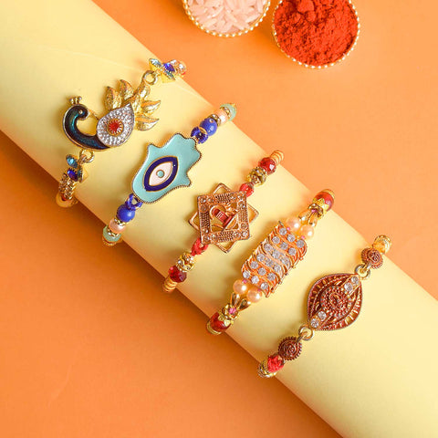 Set of 5 Designer Rakhi Threads with Roli Chawal and Ram Sita Stickers for Raksha Bandhan Celebration. Indiaβs Largest Pooja Accessories Brand - www.satvikstore.in