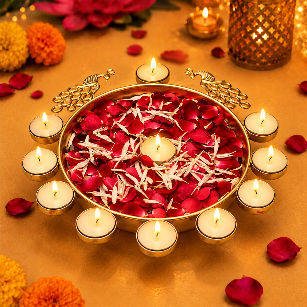 Decorative Brass Peacock Flower Urli with Tea Light