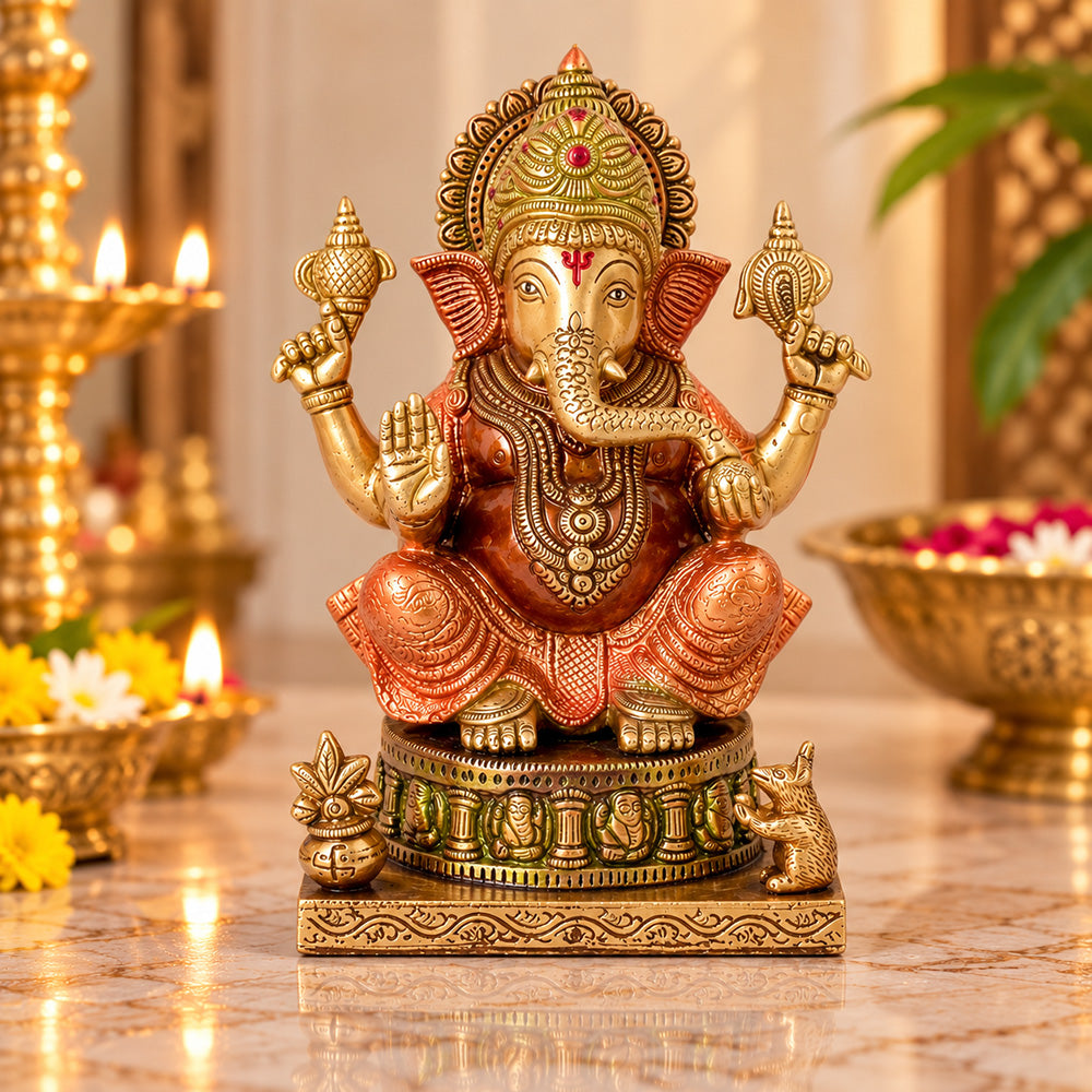 8.7 Inch Vibrant Colored Brass Ganesh Statue - Large