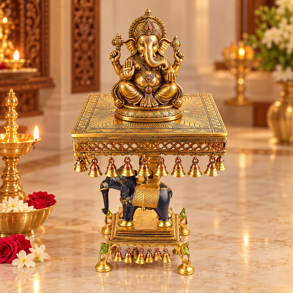 23 Inch Brass Chowki on Elephant with Hanging Bells – Exquisite Decorative Piece