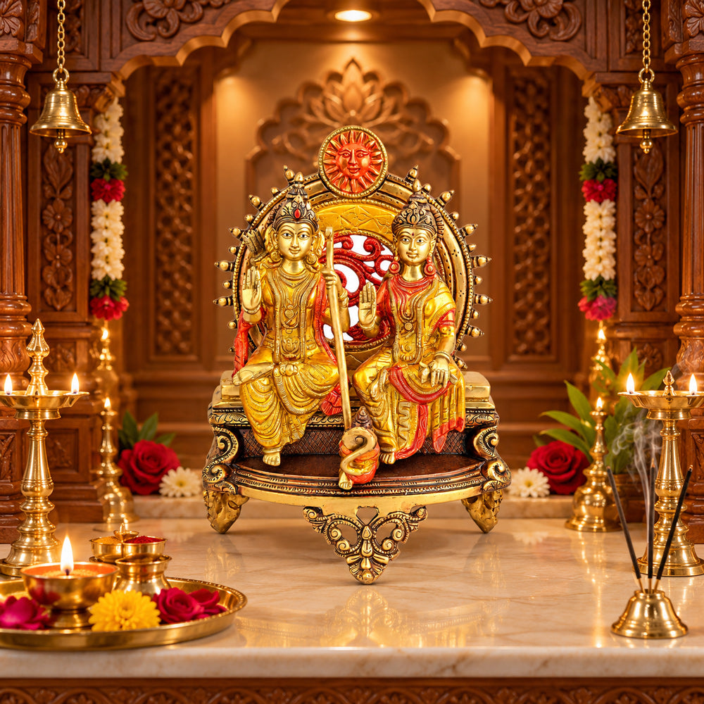 13 Inch Ram Sita Brass Idol Seated on Throne