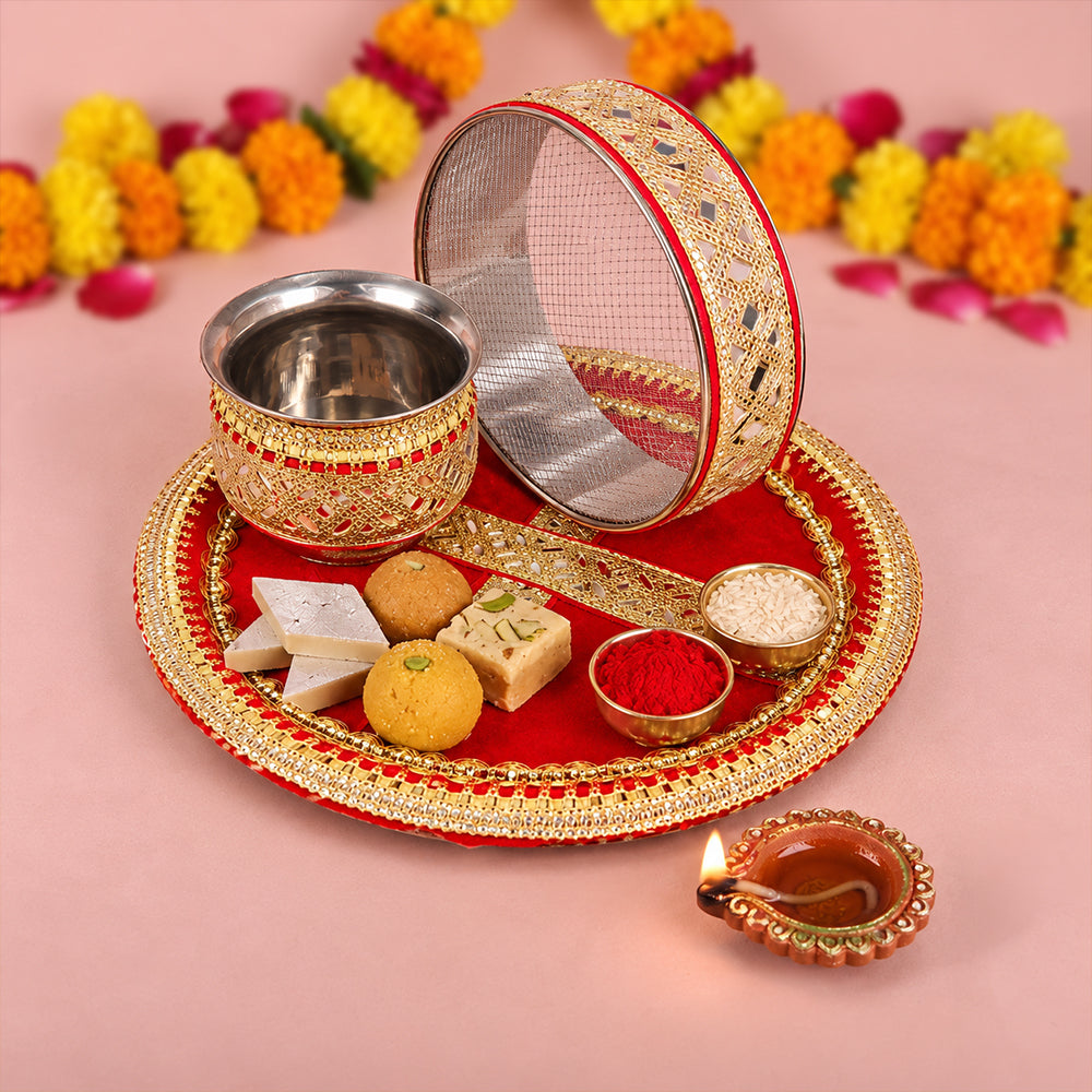 Designer Red Velvet Fabric Karwa Chauth Thali 3 Pcs Set
