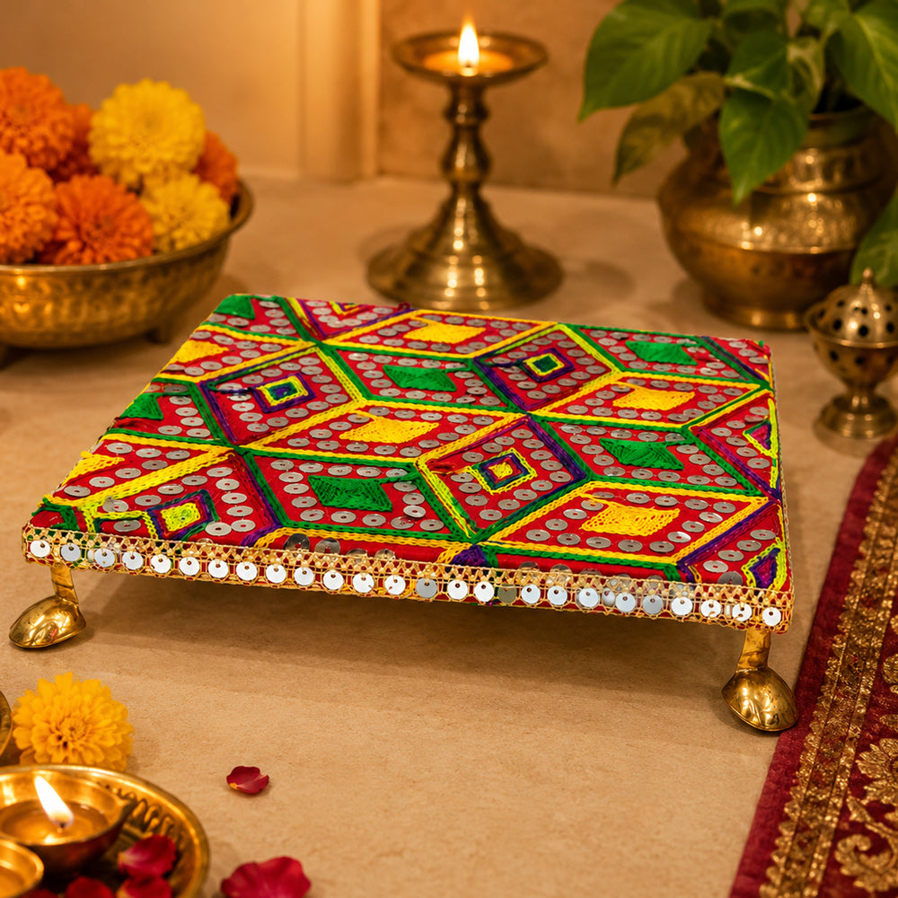 Colorful Ethnic Square Pooja Chowki for Home Temple Decor