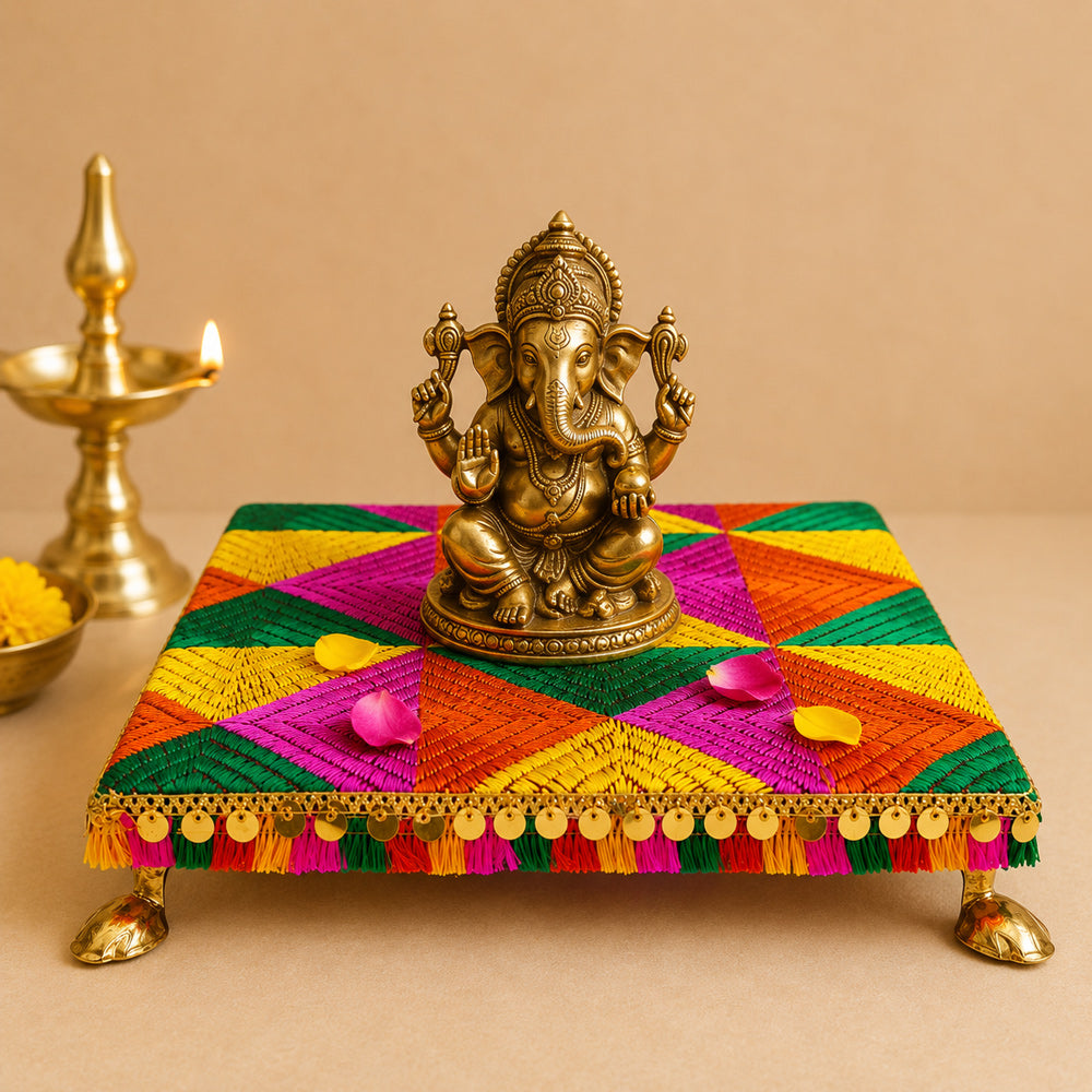 Hand Embroidered Multi-Tone Wooden Pooja Chowki