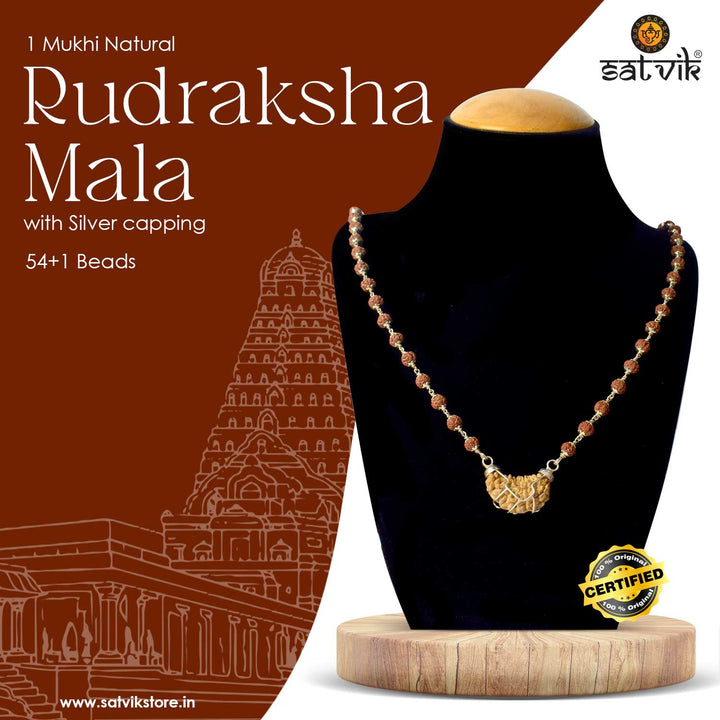 One Mukhi Rudraksha Mala with Silver Capping – Certified Spiritual Bead for Divine Connection and Awakening. India’s Premium Rudraksha Jap Mala Store- www.satvikstore .in