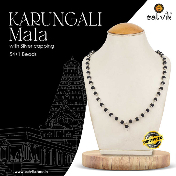 Certified Karungali Mala with Silver Capping – Deep Brown Beads for Spiritual Protection and Saturn Blessing. India’s Premium Rudraksha Jap Mala Store- www.satvikstore .in